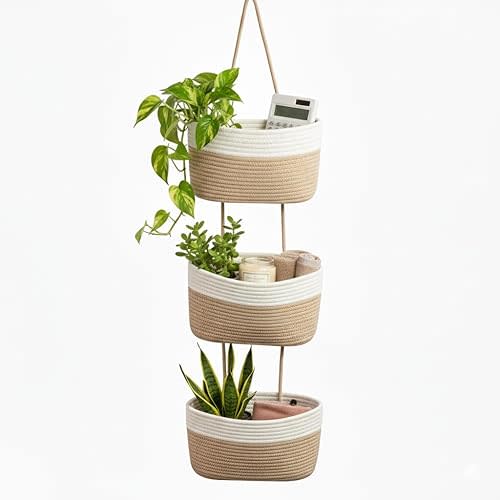 Britwicfr Hanging Wall Basket, Over the Door Hanging Basket with Hooks, 3-Tier Cotton Hanging Basket for Organizing, Decorative Boho Chic Decor for Wall, Bedroom, Living Room, Nursery, Whte & Jute