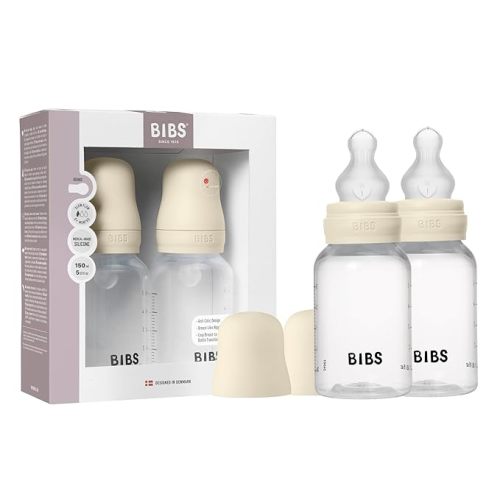 BIBS Baby Bottle 5 oz / 150 ml Silicone Nipple 2 Pack - Anti-Colic, BPA-Free, Round Nipple, Slow Flow, Lightweight & Easy to Clean, Suitable for Newborns 0+ Years - Ivory