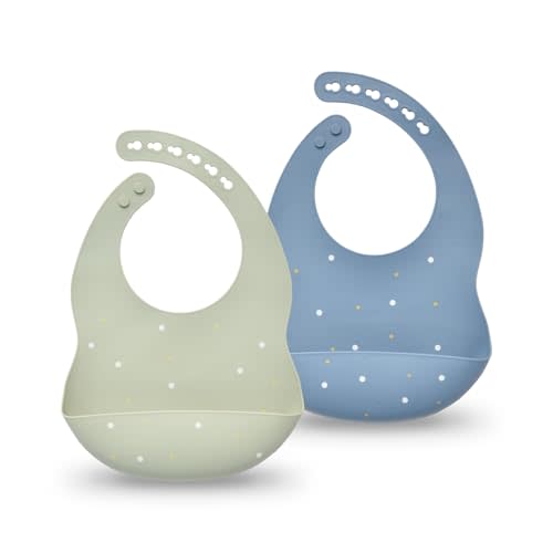 SILI FACTORY Silicone Baby Bibs 2 Sets, Adjustable Waterproof Baby Bibs | Silicone Bibs for Girl, Boy,Baby Bibs with Food Catcher, Sturdy Baby Bibs for Feeding Essentials, BPA Free, Dishwasher Safe