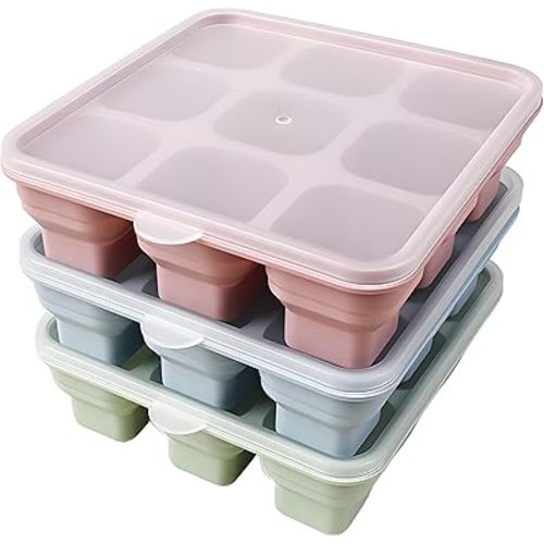 Foldable Silicone Ice Cube Trays with Lids - 3 Pack, BPA-Free Stackable Ice Trays for Freezer, 27 Large Cubes for Cocktails, Food Prep & Coffee (Pink/Green/Blue)