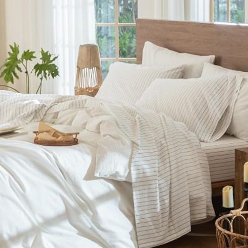 MooMee Striped Sheet Set 100% Washed Cotton Linen Like Queen