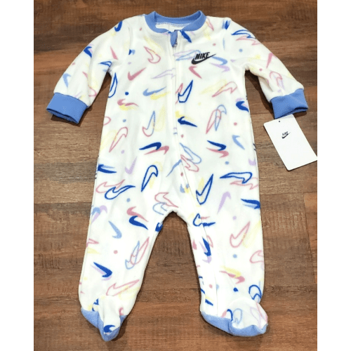 Nike Coverall Baby Girl Size 6 Months White Microfleece Footed Swoosh Logo NWT