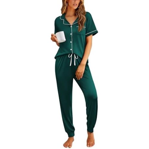 Ekouaer Women Pajama Set Short Sleeve Button Down Pjs with Jogger Pants