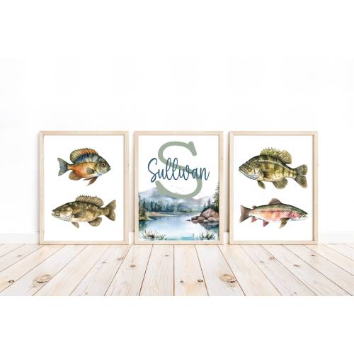 Personalized Monogram Watercolor Fishing Nursery or Little Boys Room Set of 3 Prints, Rustic Outdoor Nautical Themed Decor