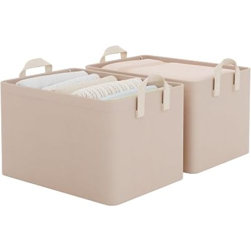 StorageWorks Fabric Storage Bins, Large Closet Organizers and Storage for Clothes, Storage Baskets for Shelves, Linen Storage Box with Handles & Metal Frame, Light Brown, 2-Pack