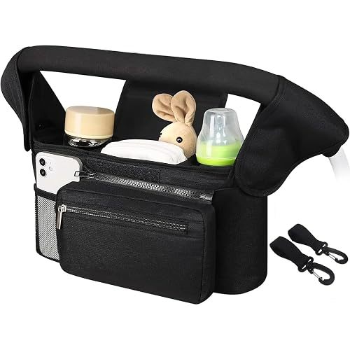 Baby Pushchair Organiser Multifunctional Pram Bag Stroller Organizer with 2 Insulated Cup Holder, Detachable Pocket, Shoulder Strap, Universal Baby Stroller Accessories (Black)