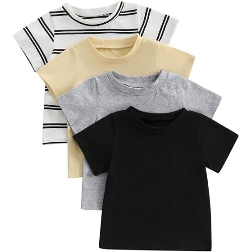 Baby Boy 4-Pack Short Sleeve Crewneck T-Shirts Top Active Tee Toddler Boys' Solid/Striped Cotton T-Shirt