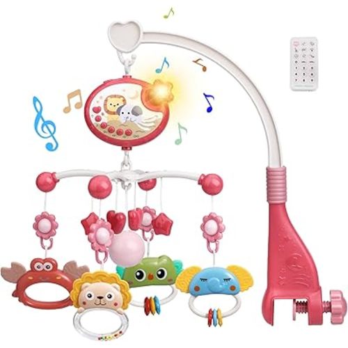 Mini Tudou Baby Crib Mobile with Music and Lights,360°Rotation Remote Control Musical Mobile for Crib with 400 Lullabies,Projection Night Light and Chewable Rattle Toy,Crib Mobile for Girls and Boys