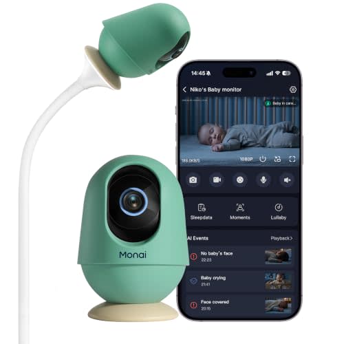 Monai Pro 4K Smart WiFi Baby Monitor with Camera and Audio, Mount, AI App | Night Vision, Cry Detection, No Subscription, 32GB Local Storage, Covered-Face Alert, Danger-Zone, Auto-Track, 5-User Share