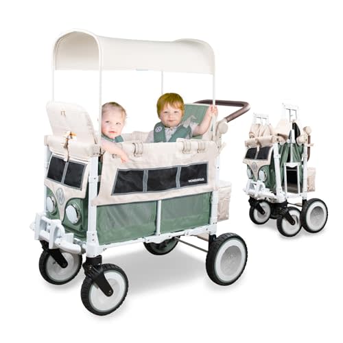 WONDERFOLD Volkswagen Double Stroller Wagon (2 Seater) - Foldable Wagon Stroller with Classic VW Bumper, Headlights, and Retro All-Terrain XL Wheels, Sage Green