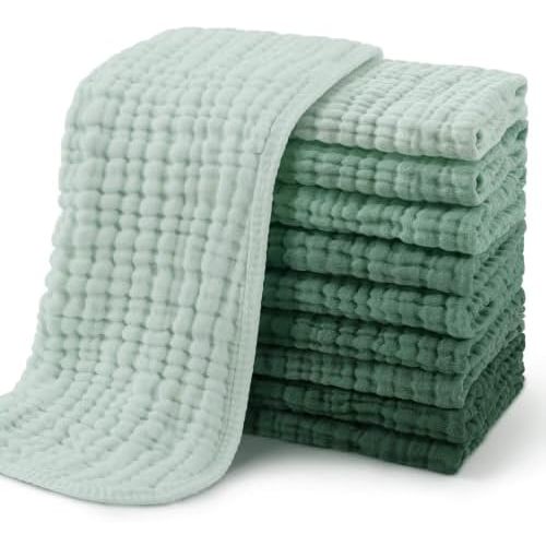 Yoofoss Muslin Burp Cloths for Baby 10 Pack 100% Organic Cotton Baby Washcloths for Boys Girls Large 20''X10'' Super Soft and Absorbent Gradient Green