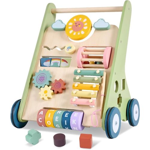 Baby Push Walker, Wooden Baby Walker with Wheels, Montessori Walker for Babies 6-12 Months, Adjustable Speed Push Walking Toys for Boys & Girls 1 Year Old, Christmas Birthday Gifts for Toddler