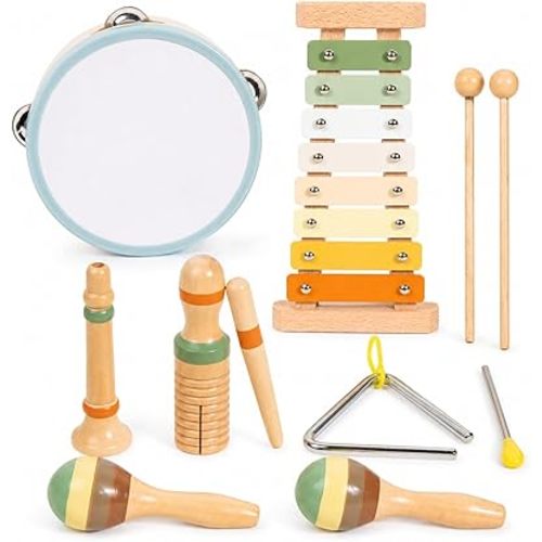 Montessori Wooden Baby Toys 7-in-1 Sensory Set for Babies 0–12 Months, Rain Sound Tube & Rattle Roller, Sensory Musical Gift for Baby Boys and Girls with Storage Bag