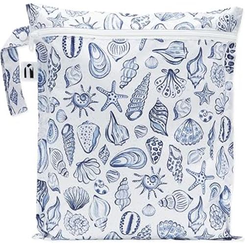 Roamio Waterproof Wet Bag for Baby, Travel, Swim Suit, Cloth Diapers, Pump Parts, Pool, Gym Clothes, Beach, Toiletry, Hook to Stroller, Daycare, Zipper Reusable Bag, Wetdry Packing Pouch, Blue Shells