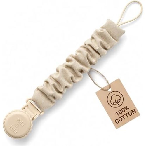 Muslin Cotton Pacifier Clips- Metal-Free, Lightweight and Secure Pacifier Holder for Babies (Beige Toile) - Mila & Lulu