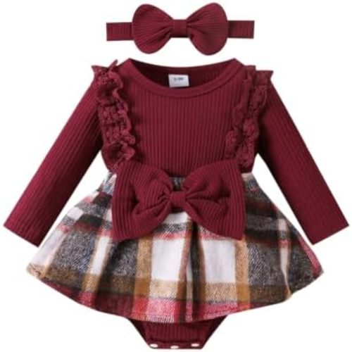 Baby Girl Clothes Fall Winter Outfit Plaid Romper Long Sleeve Dress Lace Ruffles Bodysuit with Bow Headband