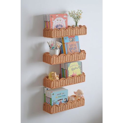 Nursery Book Shelves Set of 4, Metal & Plastic Artificial Rattan Scalloped Book Shelf 15.8", Cute Floating Bookshelf for Kids Bedroom Farmhouse Decor
