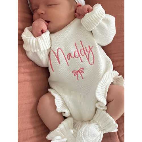 Personalized Baby Name Romper Knit Newborn Outfit With Ruffles Embroidered Baby Girl Take Home Outfit Custom Name Baby Shower Gift
