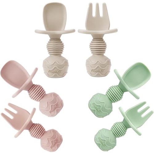 PandaEar 6 Pack Silicone Baby Spoons and Fork Feeding Set- Anti-Choke First Self Feeding Utensils for Baby Led Weaning Ages 3 Months (Pink, Green&Linen)