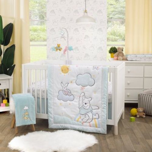 Disney Winnie The Pooh Hello Sunshine Multi-colored Rainbow, Yellow Sun And Blue Clouds 3 Piece Nursery Crib Bedding Set