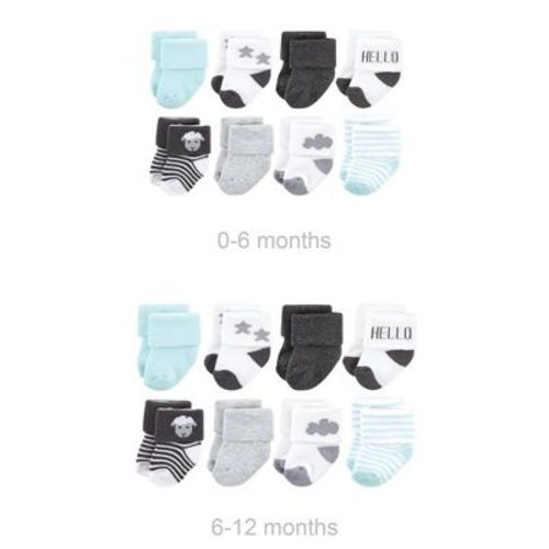 Hudson Baby Grow with Me Cotton Terry Socks, Sheep 8-Pack Set, 0-6 and 6-12 Months