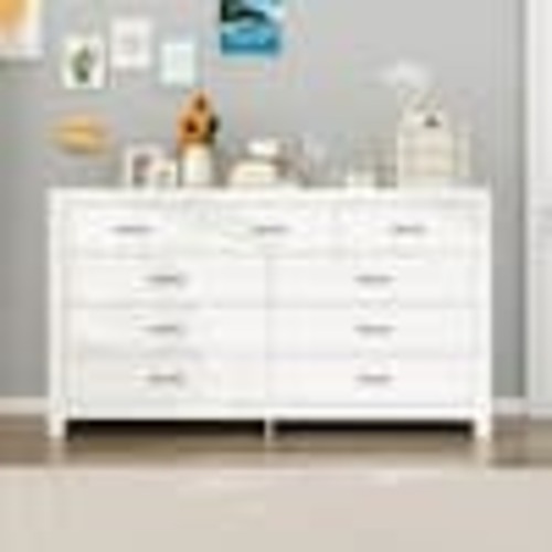 FUFU&GAGA White Wood Grain 63 in. W Wooden Dresser, Chest of Drawers, Sideboard with 9-Drawers without Mirror L-THD-200260-01-c1
