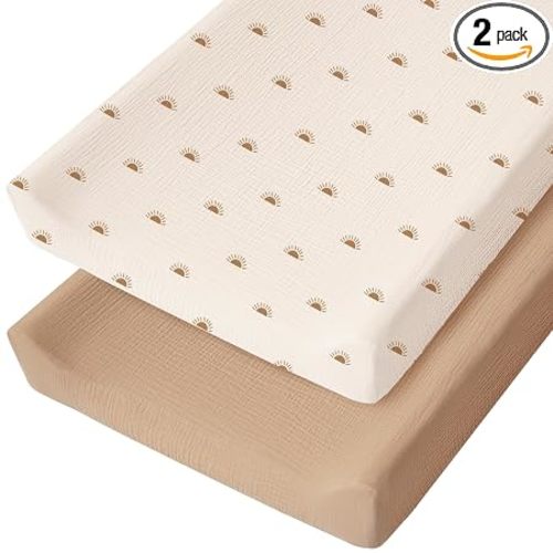 Konssy 2 Pack Muslin Changing Pad Covers for Baby Girls Boys, 32"x16" | 100% Cotton, Soft & Breathable, Fitted Diaper Changing Table Sheets, Full Elastic Fit, Floral & Solid Designs (Camel,Sun)