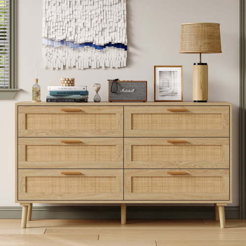 Furnihold Rattan Dresser for Bedroom 47.3''W 6 Drawer Dresser Modern Dressers & Chests Wood Natural Dresser Beside Table for Living Room, Hallway