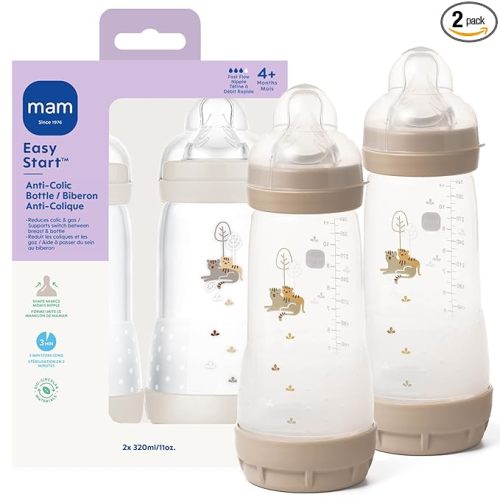 MAM 11oz Easy Start Anti-Colic Wide Neck Baby Bottle, Fast Flow Breastfeeding-Like Nipple, Reduces Colic Gas & Reflux, Easy to Clean, BPA Free, 4+ Months, Made in Europe, 2 Pack