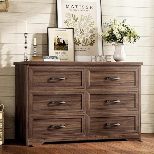 AODK Farmhouse 6 Drawer Dresser for Bedroom, 47” Wide Rustic Storage Dresser with Engineered Wood Frame, Anti-Tip Safety Chest, American Country Bedroom Furniture, Walnut