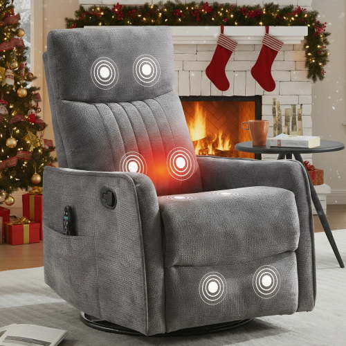 PAPROOS Swivel Rocker Recliner, Fabric 360°Swivel Rocking Recliner with Massage and Heat, Glider Rocking Chair for Nursery, Small Rocker Chair, Manual Recliner for Home Theater Living Room, Gray