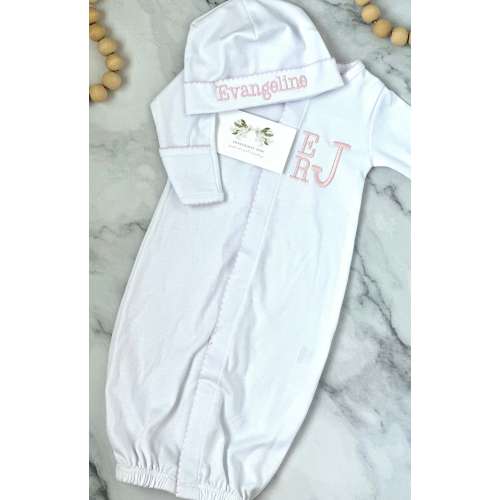 Custom Monogrammed 100% Pima Cotton Newborn Converter Gown Romper or Footie with Hat and Blanket Coming Home Outfit High Quality