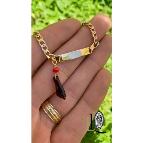 14K Gold Filled Baby ID Bracelet: Curb Chain Azabache Charm, 5.5"