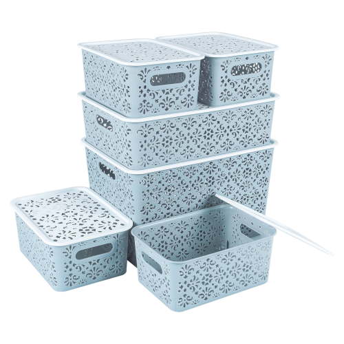 ANMINY Stackable Lace-Design Storage Bins, Blue, 6 Count Pack