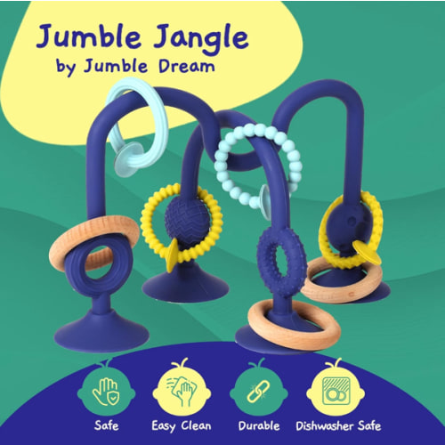 Jumble Jangle Baby Teething Toys – BPA-Free, Multi Purpose High Chair Toys for Babies: Suction Teething Relief with Sensory Toy Textures for Infants and Toddlers 0–24+ Months (Dark)