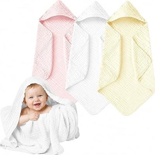 Momsnug Hooded Baby Towels, 3 Pack Muslin Cotton Baby Towel Set, Super Soft and Absorbent Bath Towel for Babies, Infant, Toddler and Kids, Newborn Essential (35 X 35 Inch) (White + Pink + Yellow)
