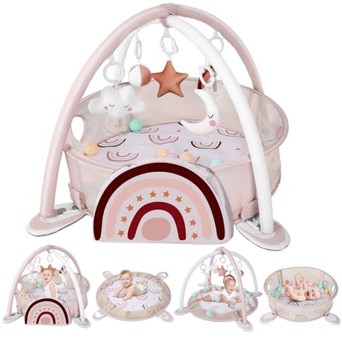 dearlomum 4-in-1 Baby Play Mat Baby Gym,Tummy Time Mat for Floor Activity Gym Ball Pit Including 30 Balls with 5 Infant Learning Sensory Baby Toys for Newborn Toddler Boy & Girl Gifts(Rainbow)