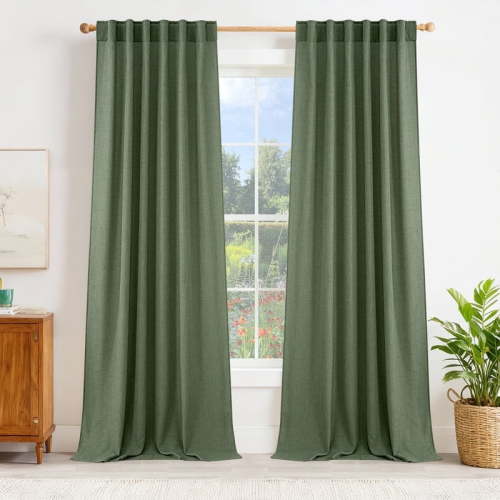 NICETOWN Faux Linen Curtains for Living Room, Light Filtering Farmhouse Curtains Rod Pocket Back Tab Privacy Semi Sheer Drapes for Bedroom Dining Room, 52"x63", Olive Green, 2 Panels