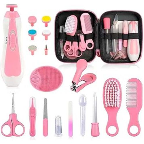 Baby Grooming Kit - 19 in 1 Nursery Essentials Baby Registry Shower Gift for Newborns, Infants, Toddlers, Boys, Girls Kids-Safety Baby Comb, Brush, Finger Toothbrush, Nail Clippers, Scissors(Pink)
