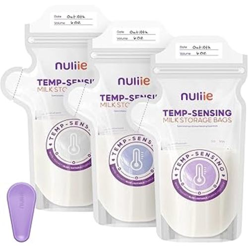 Nuliie 150pcs Temp-Sensing Breastmilk Storage Bag, Huge Temp-Sensing Icon & Locking Clamp, 6oz Breast Milk Storage Bags Freezer Pour Spout, Self Standing Milk Storage Bags Breastmilk, BPA-Free No-Leak