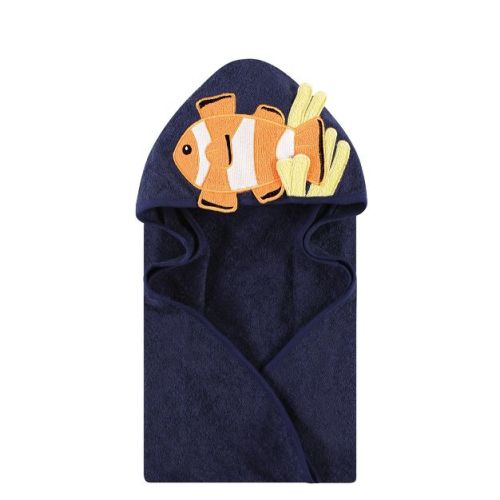 Hudson Baby Infant Boy Cotton Poly Animal Face Hooded Towel, Clownfish, One Size