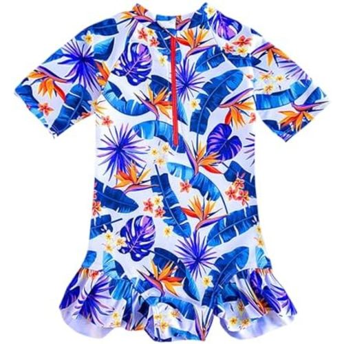 Toddler Girl Swimsuit One Piece Rash Guard Bathing Suit Little Girls Short Sleeve Quick Dry Swimwear 1-7 Years