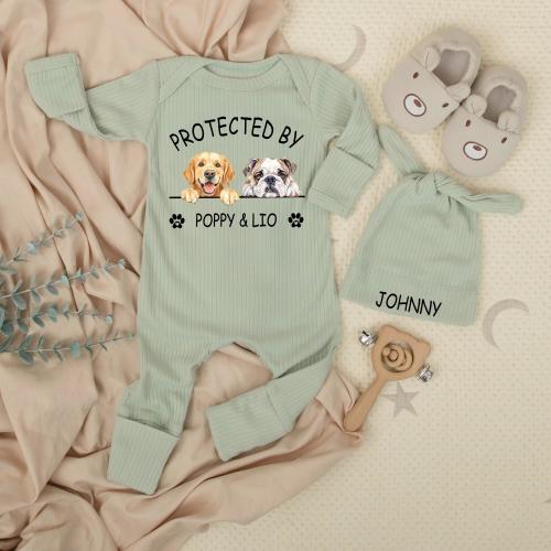 Custom Protected By Dog Baby bodysuit and hat set, Protected By Pets Newborn Outfit, Personalized Baby Bodysuit, Cute Baby Shower Gift