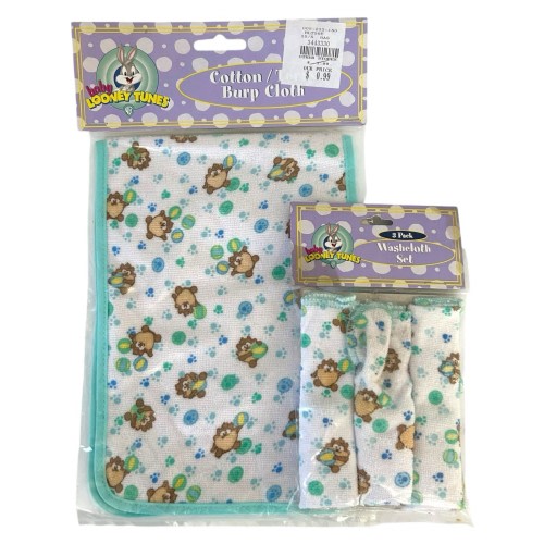 Baby Looney Tunes Tasmanian Devil Green Terry Burp Cloth Washcloth Set Vintage