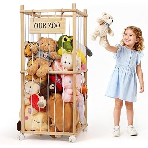 Stuffed Animal Storage Zoo, Wooden Stuffed Animal Organizer with Removable Wheels & 5-Row Elastic Cords, Space-Saving Plush Toy Storage Holder for Playroom, Bedroom, Nursery (Wood)