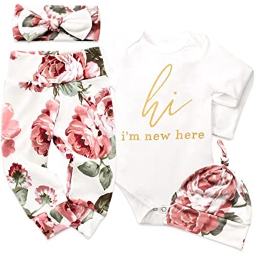 Newborn Baby Girl Clothes Im New Here Infant Newborn Outfit Cute Toddler Baby Girl Outfits 4PC Set