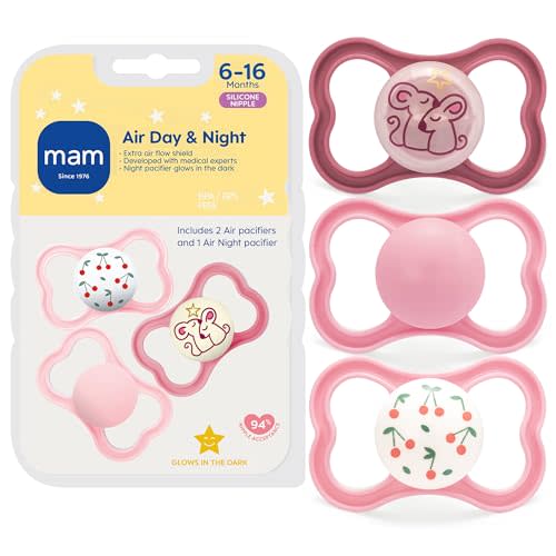 MAM Air Pacifier for Babies 6-16 Months, Extra Air Flow for Sensitive Skin, Glows in The Dark, Developed with Medical Experts, BPA-Free Skin Soft Silicone, 3 Count, Made in Europe