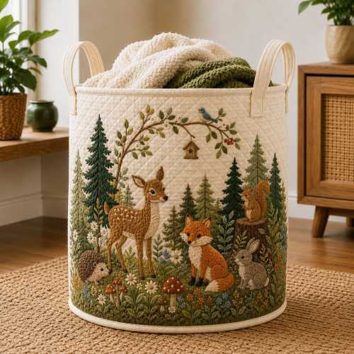 Woodland Animal Quilt Laundry Bag, Personalized Kids Laundry Hamper, Forest Nursery Storage Bag, Baby Shower Gift URD-OZD06