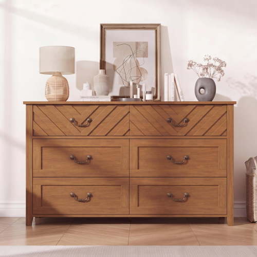 6 Drawer Dresser for Bedroom, Brown Wooden Chest of Drawers with 3D v-Shape Front, 50.4" Wide Storage Organizer Cabinet for Living Room, Nursery, Entryway