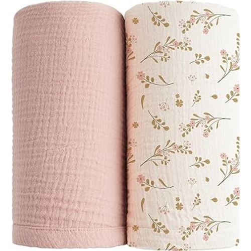 Konssy 2 Pack Muslin Swaddle Blankets for Baby Boys Girls, Receiving Blanket Large 47 x 47 inches, Soft Breathable Muslin Baby Blanket for Unisex Newborn(Pink, Floral)